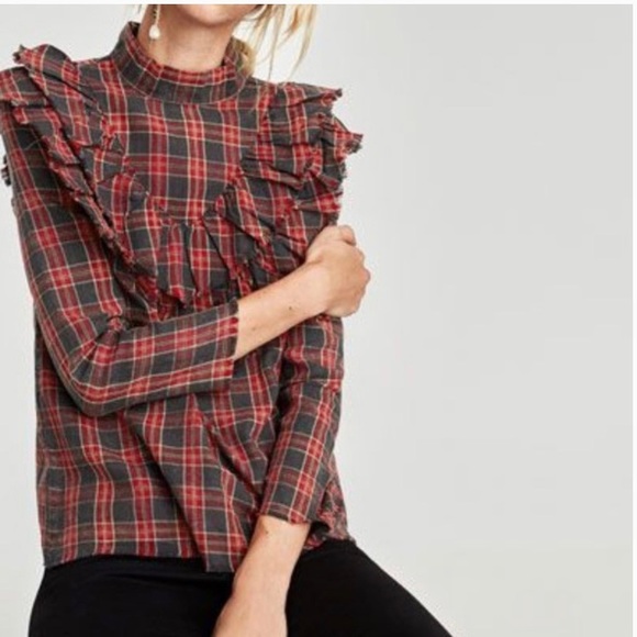 Zara Tops - Zara NWT Red Ruffle Check Distressed Blouse M